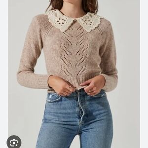 Astr Taupe Knit Sweater with Eyelet Collar